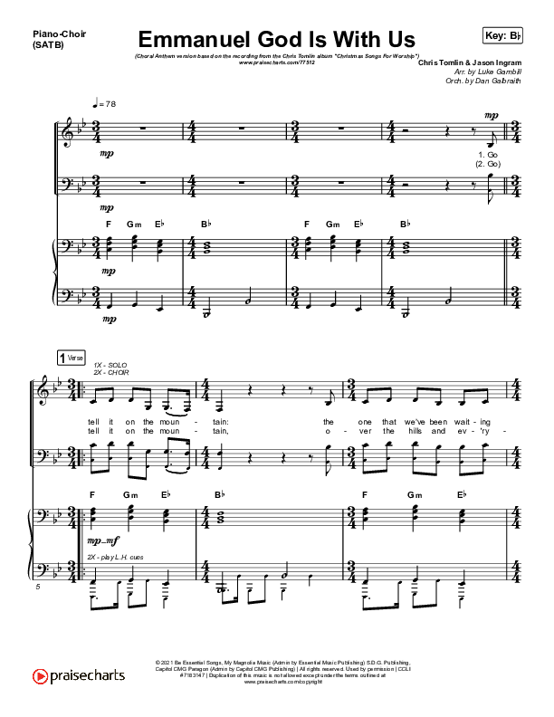 Emmanuel God With Us (Choral Anthem SATB) Piano/Choir (SATB) (Chris Tomlin / Arr. Luke Gambill)