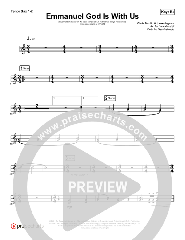 Emmanuel God With Us (Choral Anthem SATB) Tenor Sax 1/2 (Chris Tomlin / Arr. Luke Gambill)