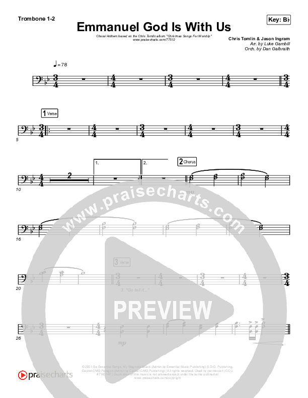 Emmanuel God With Us (Choral Anthem SATB) Trombone 1/2 (Chris Tomlin / Arr. Luke Gambill)
