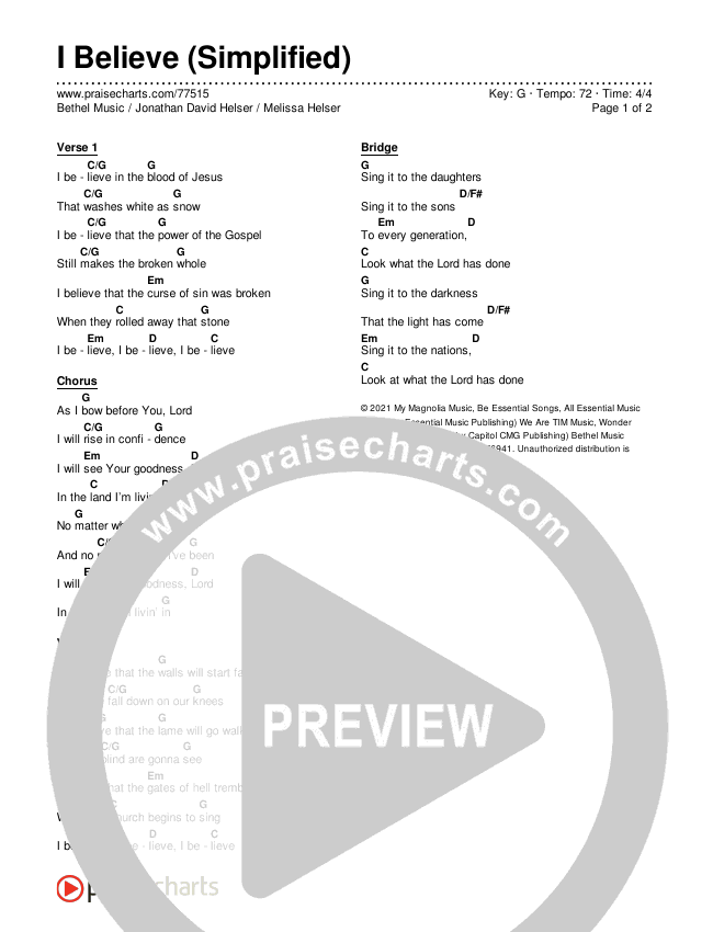 I Believe (Simplified) Chord Chart (Bethel Music / Jonathan David Helser / Melissa Helser)