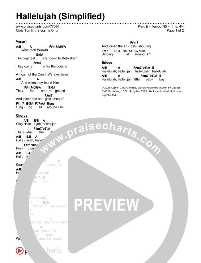 Hallelujah (Simplified) Chord Chart (Chris Tomlin / Blessing Offor)