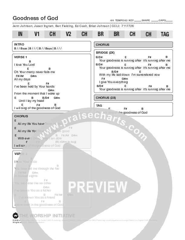 Goodness Of God (Live) Chord Chart (The Worship Initiative / Bethany Barnard)