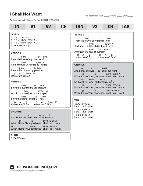 I Shall Not Want (Live) Chord Chart (The Worship Initiative / Bethany Barnard)
