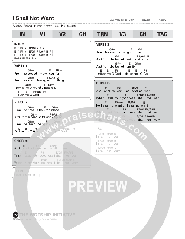 I Shall Not Want (Live) Chord Chart (The Worship Initiative / Bethany Barnard)