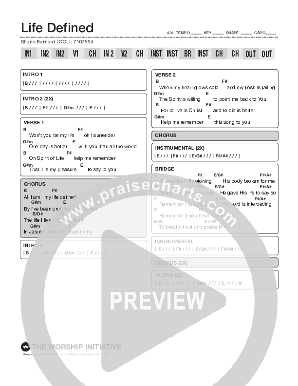 Life Defined (Live) Chord Chart (The Worship Initiative / Bethany Barnard)