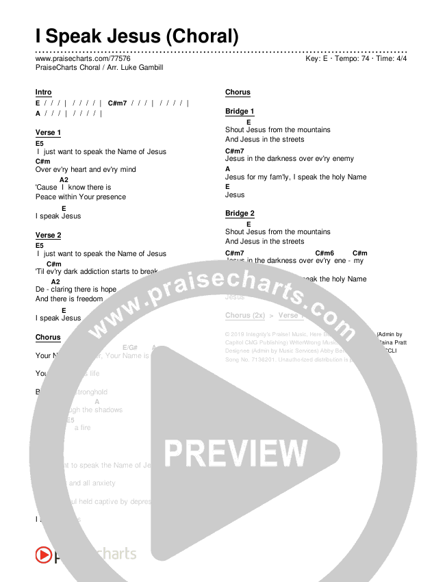 I Speak Jesus (Choral Anthem SATB) Chords & Lyrics (Charity Gayle / Arr. Luke Gambill)
