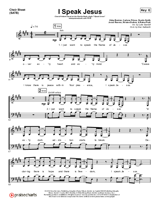 I Speak Jesus (Choral Anthem SATB) Choir Sheet (SATB) (Charity Gayle / Arr. Luke Gambill)