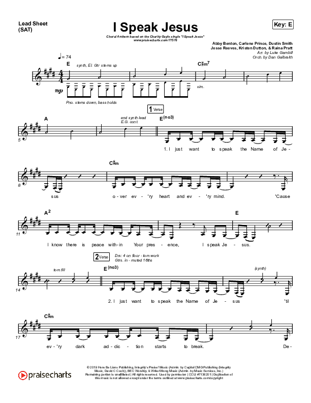 I Speak Jesus (Choral Anthem SATB) Lead Sheet (SAT) (Charity Gayle / Arr. Luke Gambill)