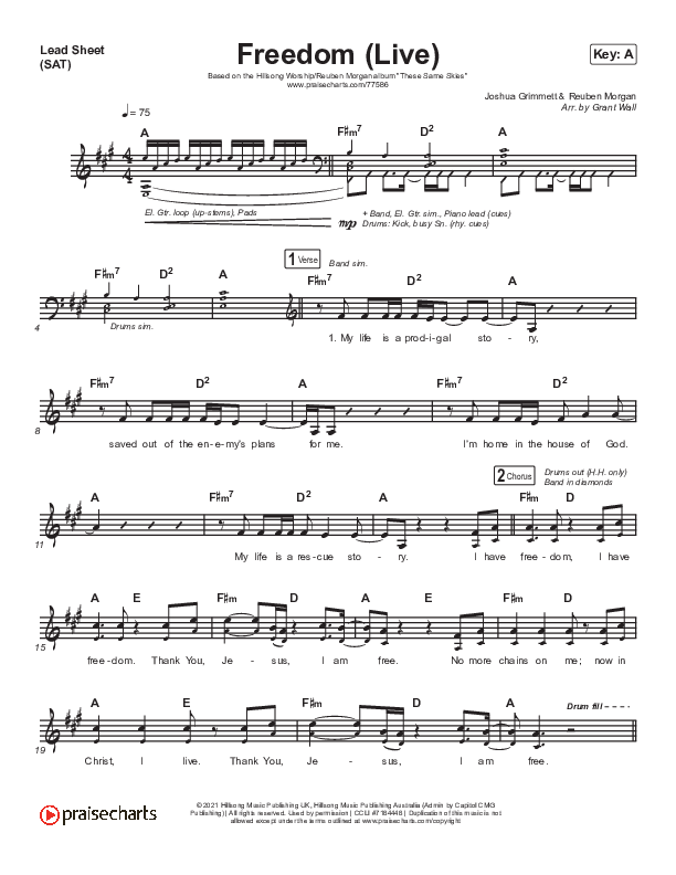 Freedom (Live) Lead Sheet (SAT) (Hillsong Worship / Reuben Morgan)