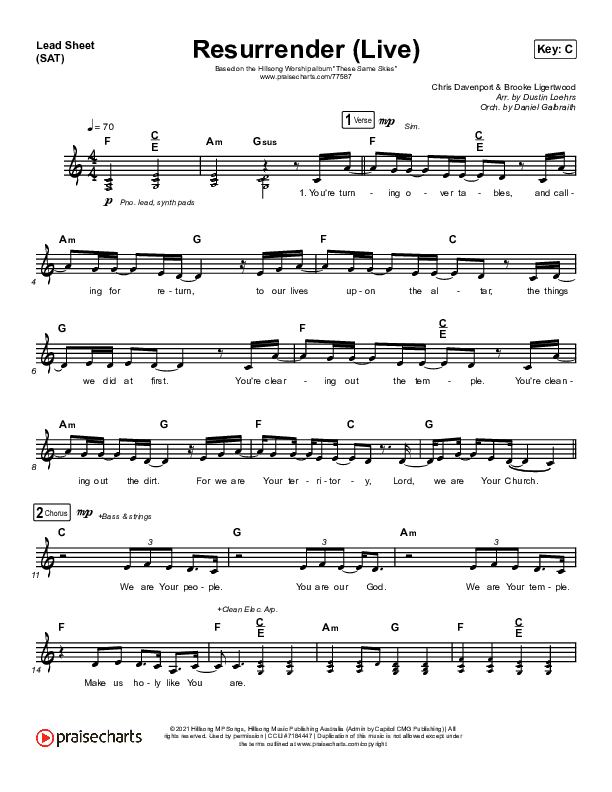 Resurrender (Live) Lead Sheet (SAT) (Hillsong Worship / Brooke Ligertwood)
