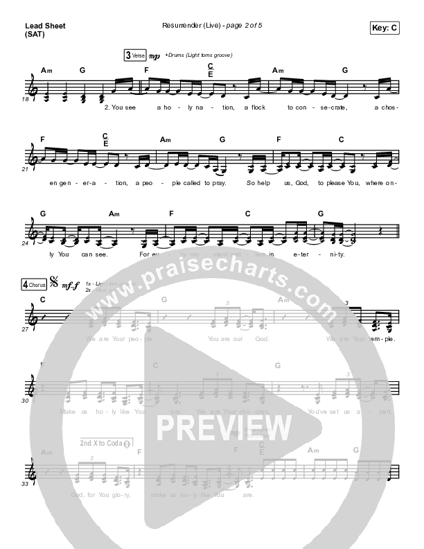 Resurrender (Live) Lead Sheet (SAT) (Hillsong Worship / Brooke Ligertwood)