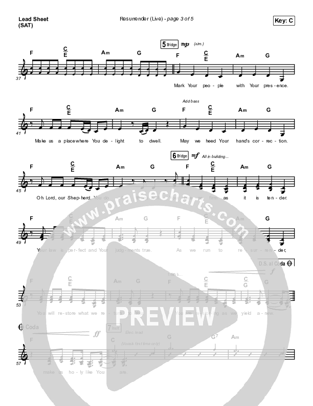 Resurrender (Live) Lead Sheet (SAT) (Hillsong Worship / Brooke Ligertwood)