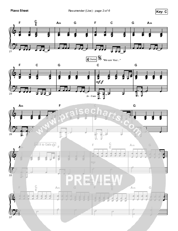 Resurrender (Live) Piano Sheet (Hillsong Worship / Brooke Ligertwood)