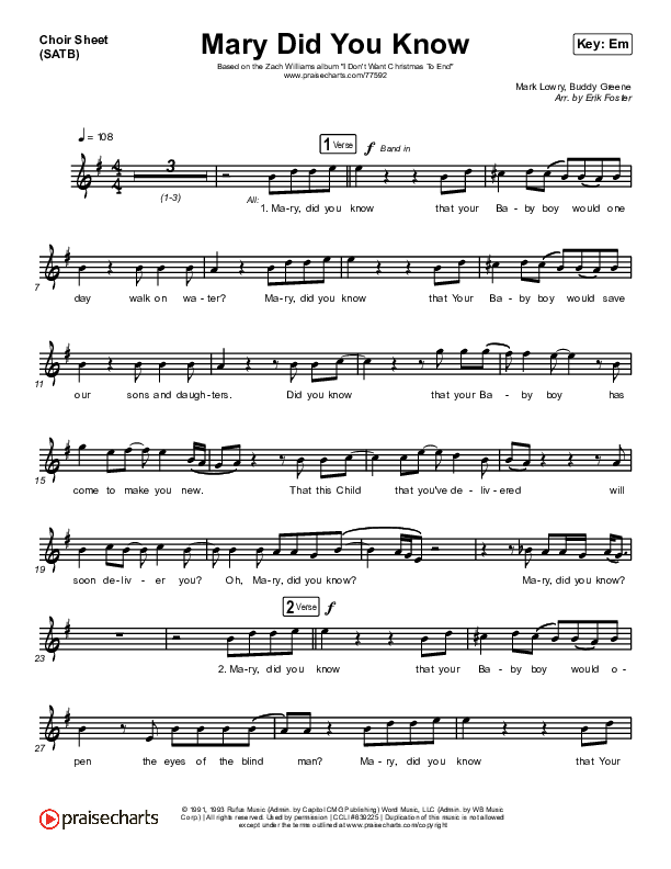 Mary Did You Know Choir Vocals (SATB) (Zach Williams)