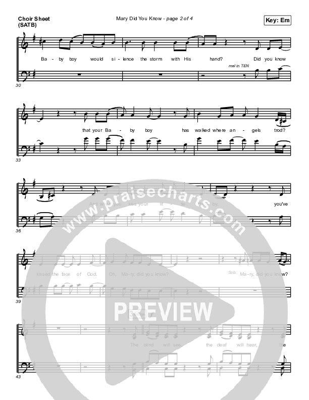 Mary Did You Know Choir Vocals (SATB) (Zach Williams)