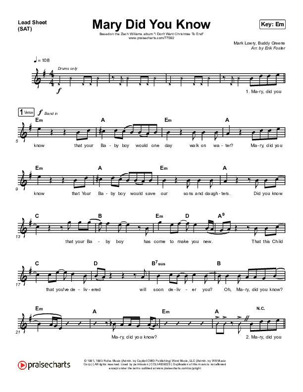 Mary Did You Know Lead Sheet (SAT) (Zach Williams)