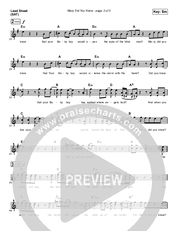 Mary Did You Know Lead Sheet (SAT) (Zach Williams)