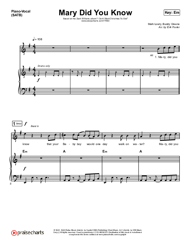 Mary Did You Know Piano/Vocal (SATB) (Zach Williams)