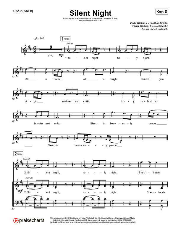 Silent Night Choir Sheet (SATB) (Zach Williams)