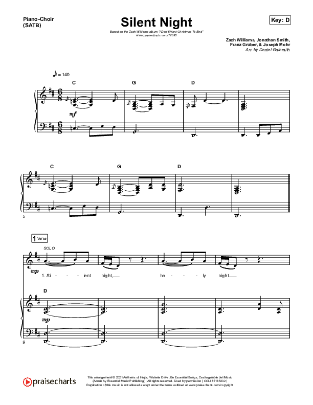 Silent Night Piano/Vocal (SATB) (Zach Williams)
