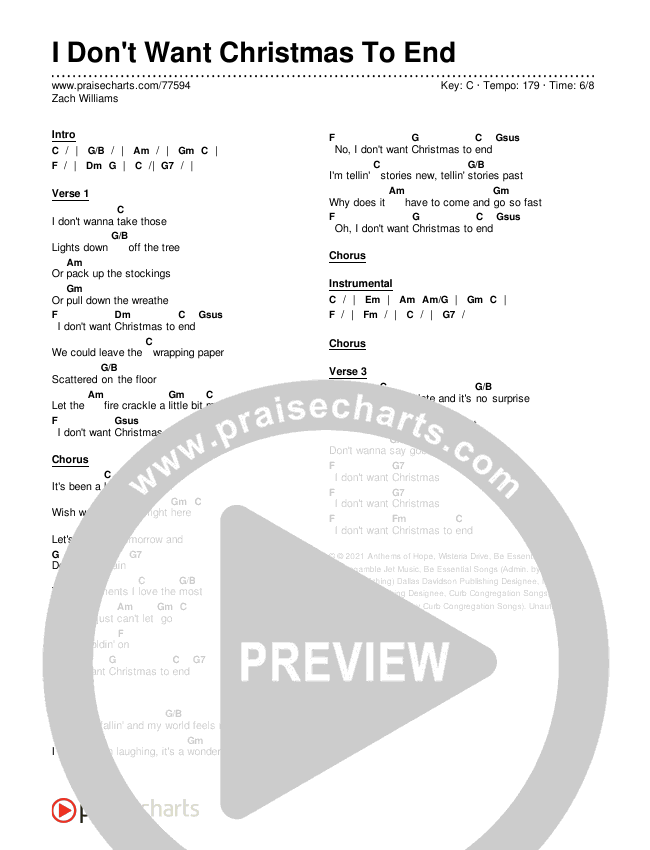 I Don't Want Christmas To End Chords & Lyrics (Zach Williams)