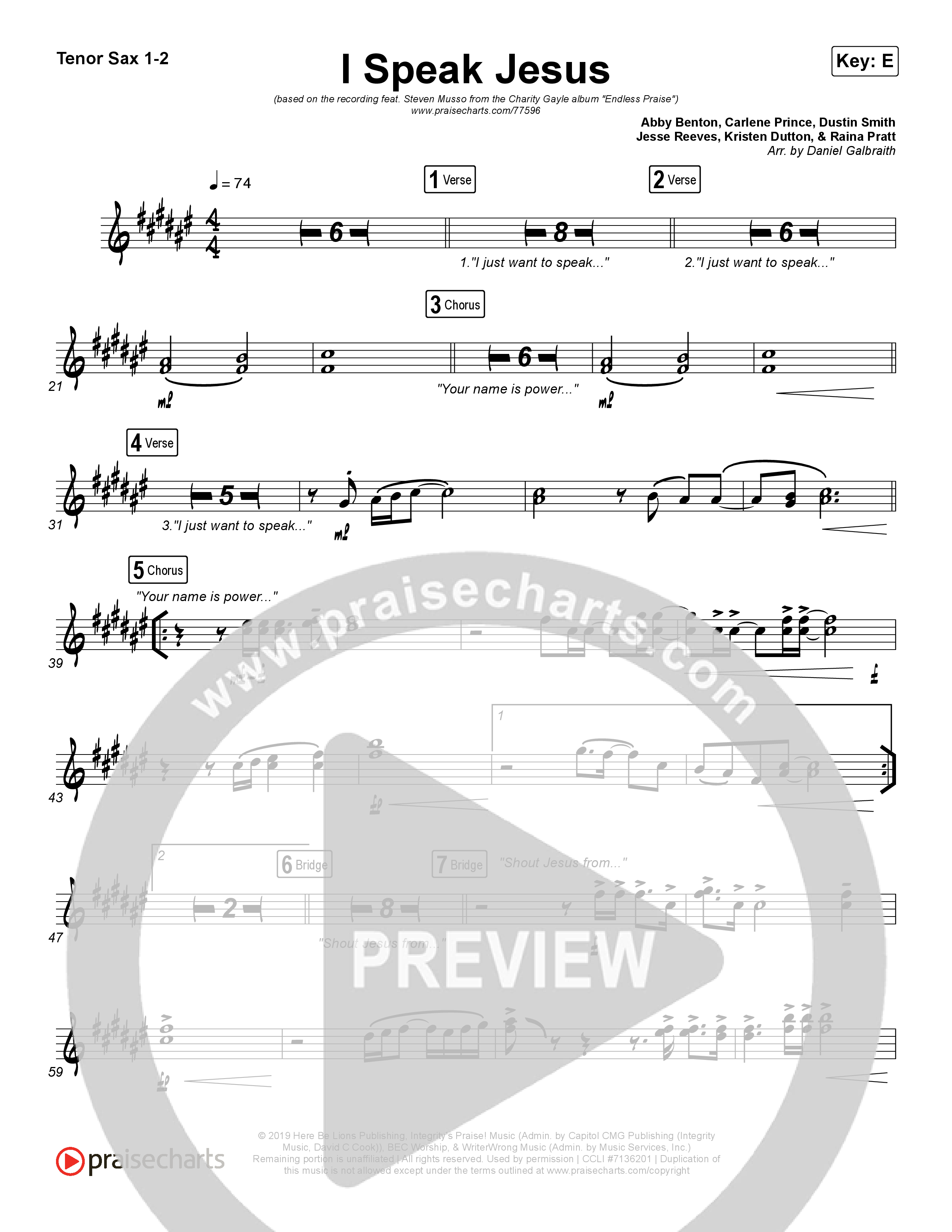 I Speak Jesus Tenor Sax 1,2 (Charity Gayle / Steven Musso)