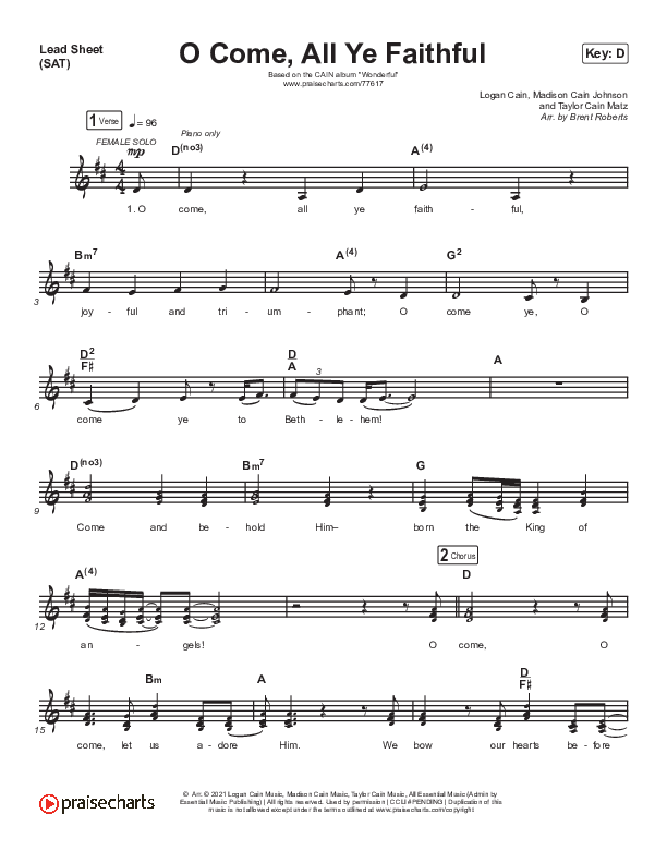 O Come All Ye Faithful Lead Sheet (SAT) (CAIN)