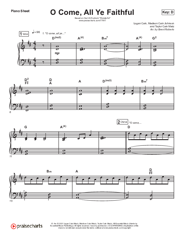 O Come All Ye Faithful Piano Sheet (CAIN)