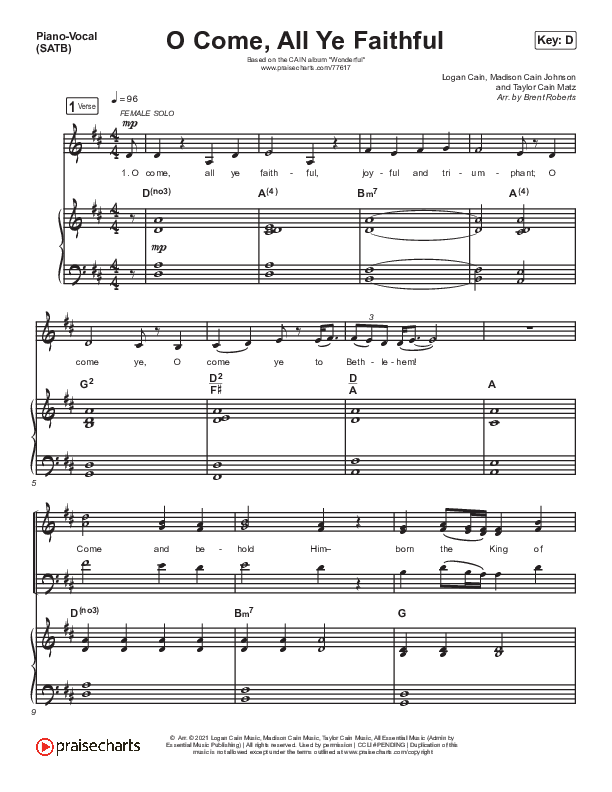 O Come All Ye Faithful Piano/Vocal (SATB) (CAIN)