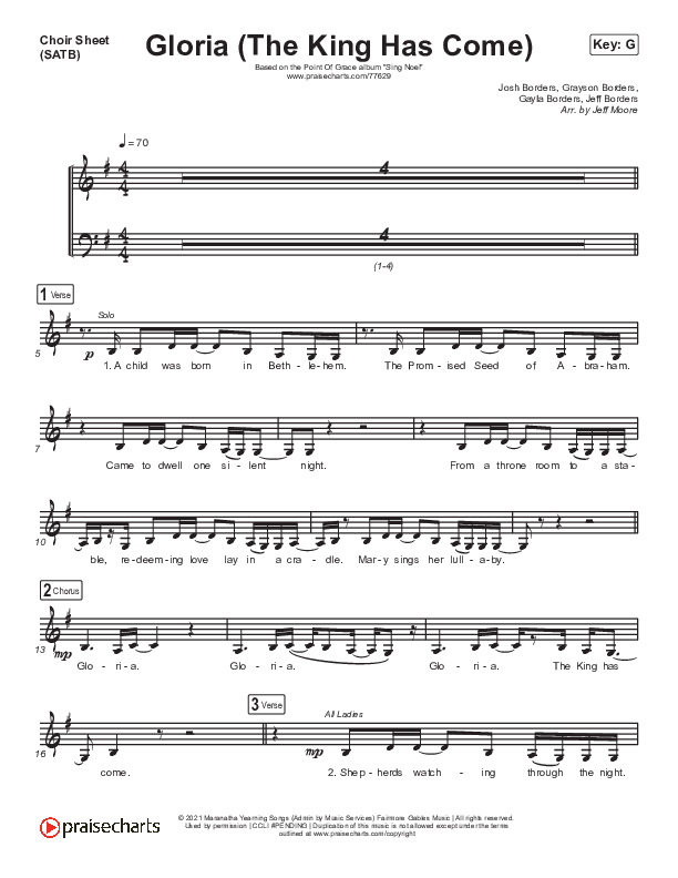 Gloria (The King Has Come) Choir Sheet (SATB) (Point Of Grace)