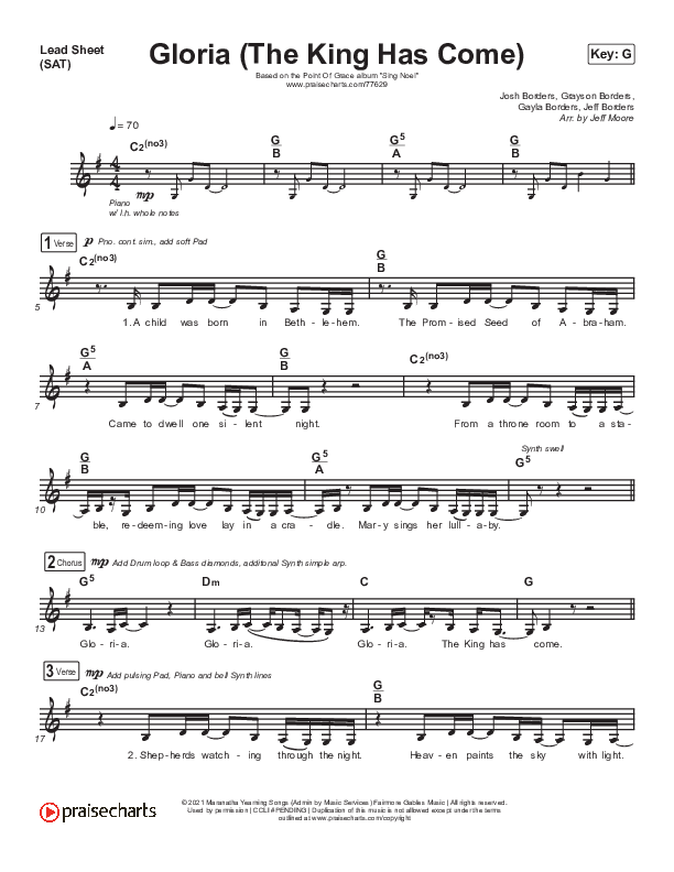 Gloria (The King Has Come) Lead Sheet (SAT) (Point Of Grace)