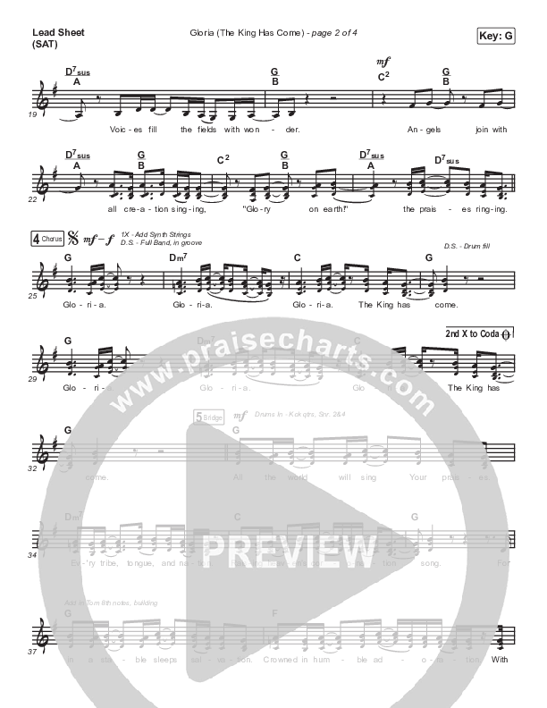 Gloria (The King Has Come) Lead Sheet (SAT) (Point Of Grace)