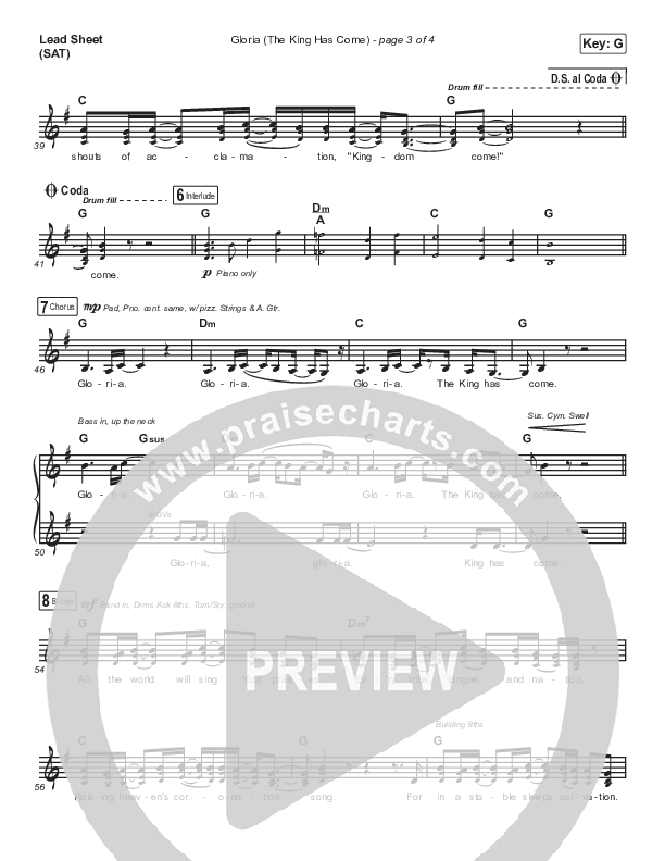 Gloria (The King Has Come) Lead Sheet (SAT) (Point Of Grace)