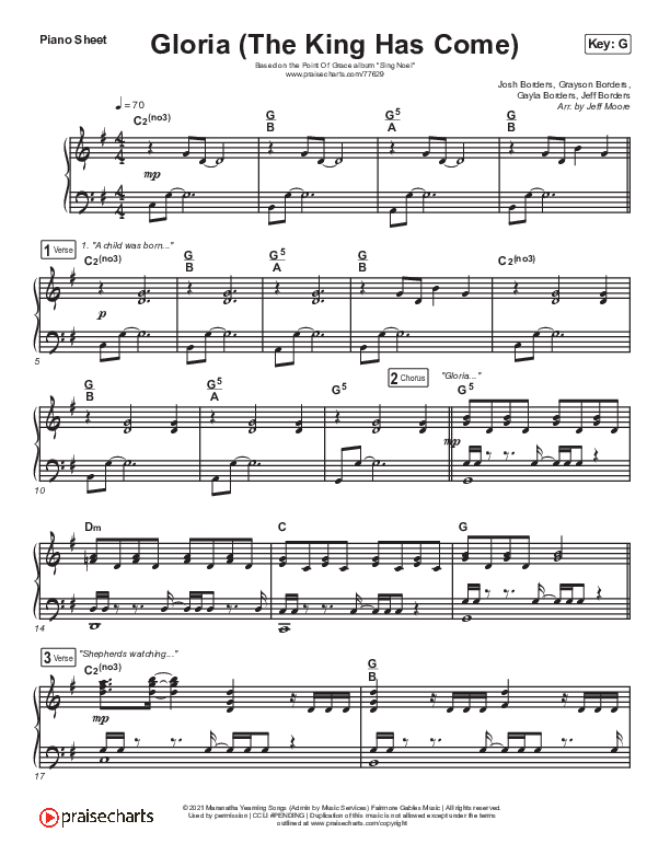 Gloria (The King Has Come) Piano Sheet (Point Of Grace)