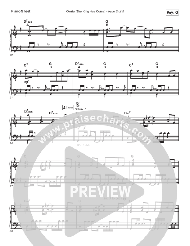 Gloria (The King Has Come) Piano Sheet (Point Of Grace)
