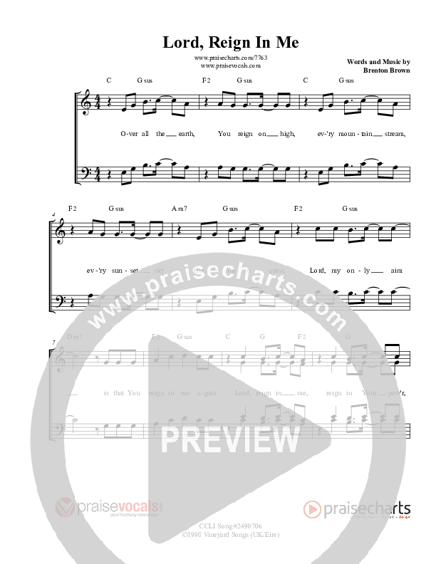 Lord Reign In Me Lead Sheet (PraiseVocals)