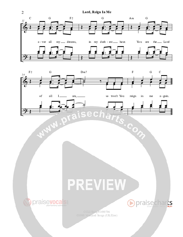 Lord Reign In Me Lead Sheet (PraiseVocals)