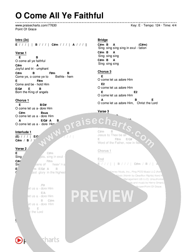 O Come All Ye Faithful Chords & Lyrics (Point Of Grace)