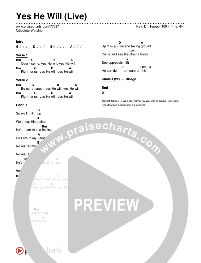 Yes He Will (Live) Chords & Lyrics (Citipointe Worship)