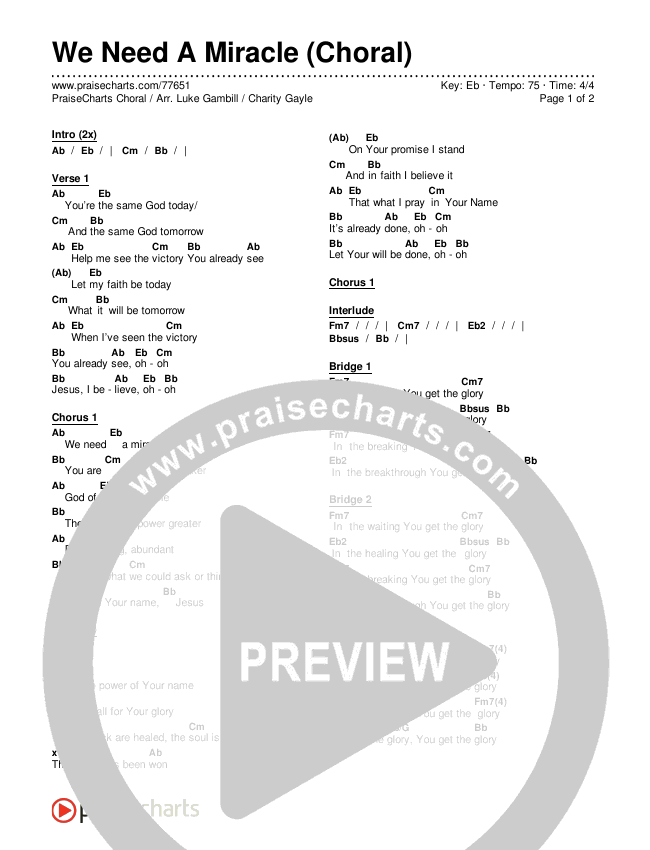 We Need A Miracle (Choral Anthem SATB) Chords & Lyrics (Charity Gayle / Arr. Luke Gambill)
