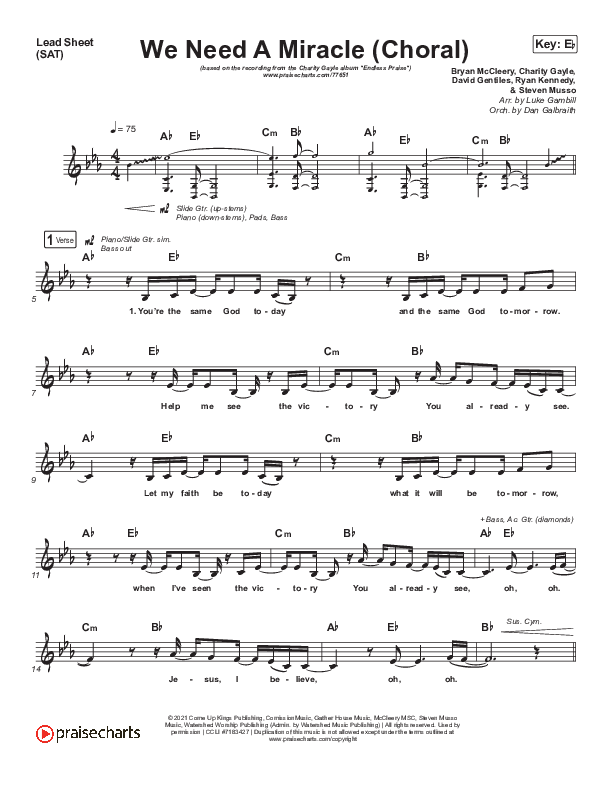 We Need A Miracle (Choral Anthem) Lead Sheet (SAT) (PraiseCharts Choral / Arr. Luke Gambill / Charity Gayle)