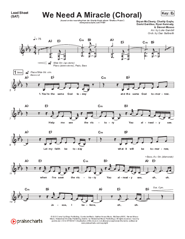 We Need A Miracle (Choral Anthem SATB) Lead Sheet (SAT) (Charity Gayle / Arr. Luke Gambill)