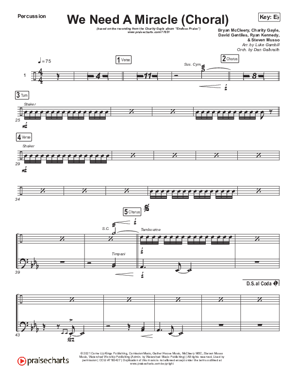 We Need A Miracle (Choral Anthem SATB) Percussion (Charity Gayle / Arr. Luke Gambill)