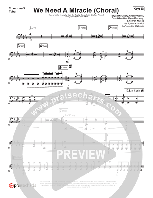 We Need A Miracle (Choral Anthem) Trombone 3/Tuba (PraiseCharts Choral / Arr. Luke Gambill / Charity Gayle)