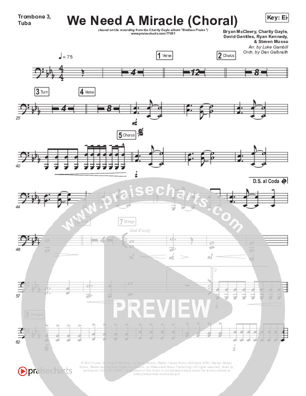 We Need A Miracle (Choral Anthem SATB) Trombone 3/Tuba (Charity Gayle / Arr. Luke Gambill)