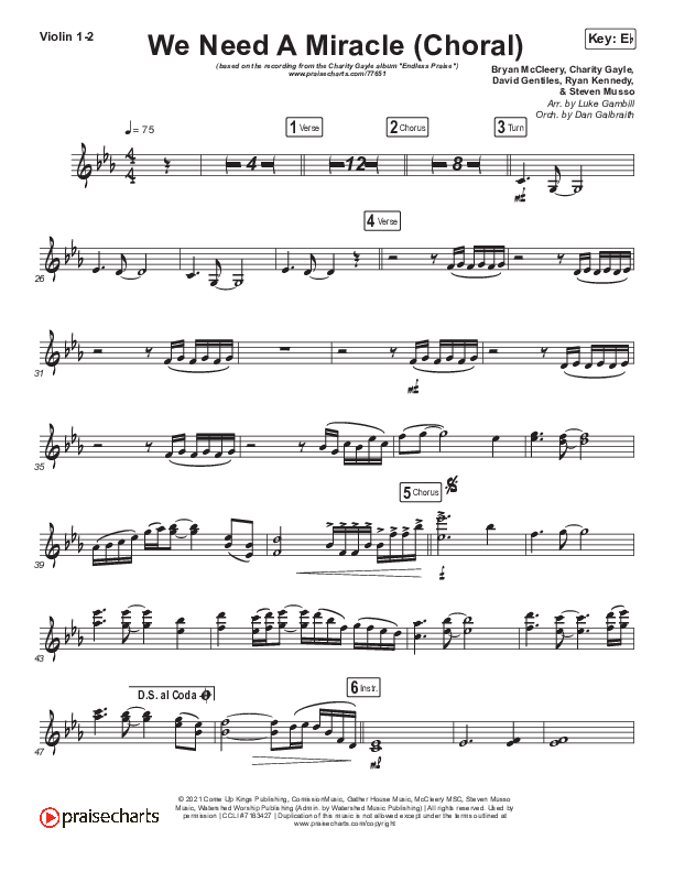 We Need A Miracle (Choral Anthem SATB) Violin 1/2 (Charity Gayle / Arr. Luke Gambill)