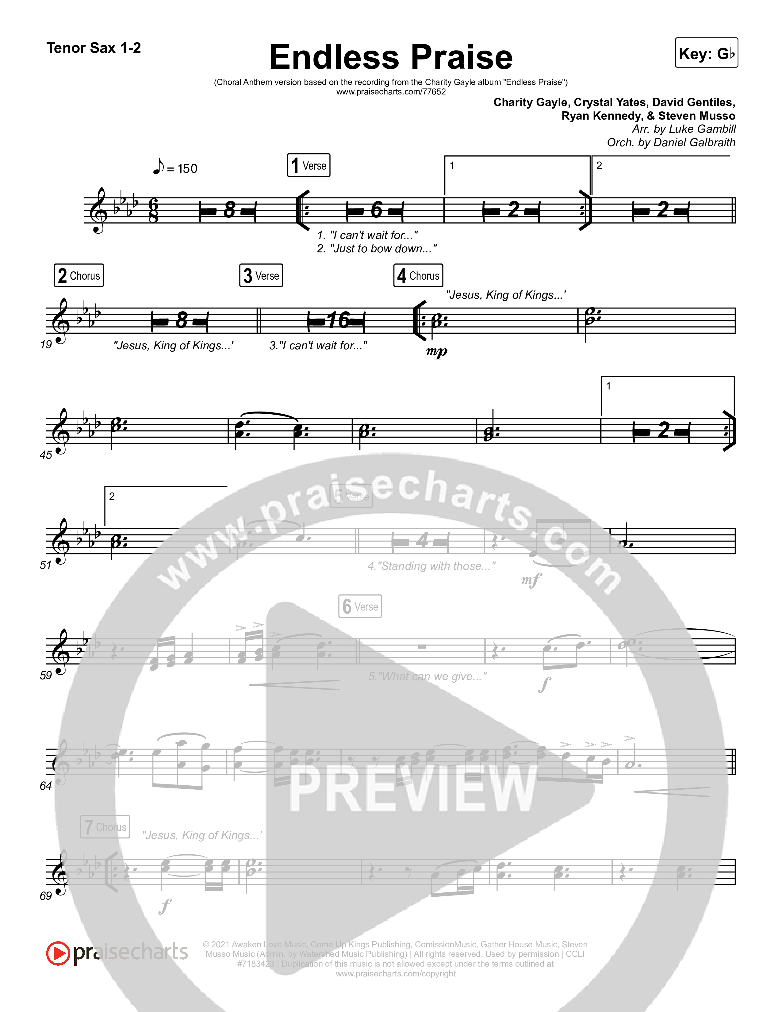 Endless Praise (Choral Anthem SATB) Tenor Sax 1,2 (Arr. Luke Gambill / Charity Gayle)