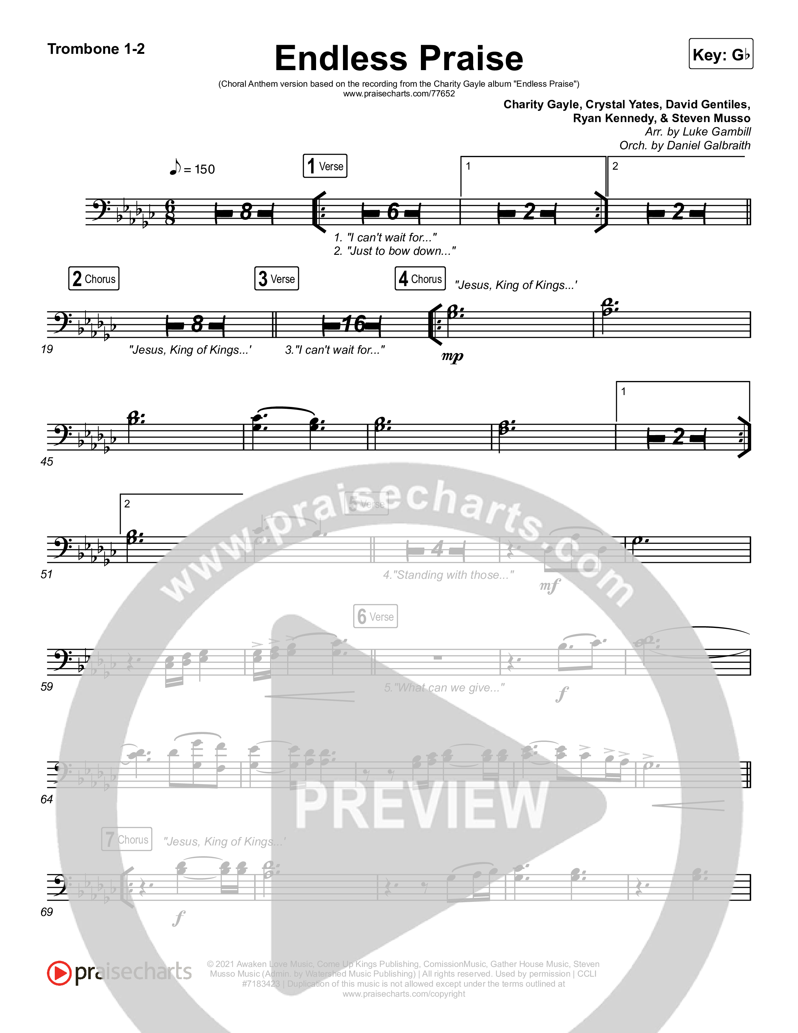 Endless Praise (Choral Anthem SATB) Trombone 1/2 (Arr. Luke Gambill / Charity Gayle)