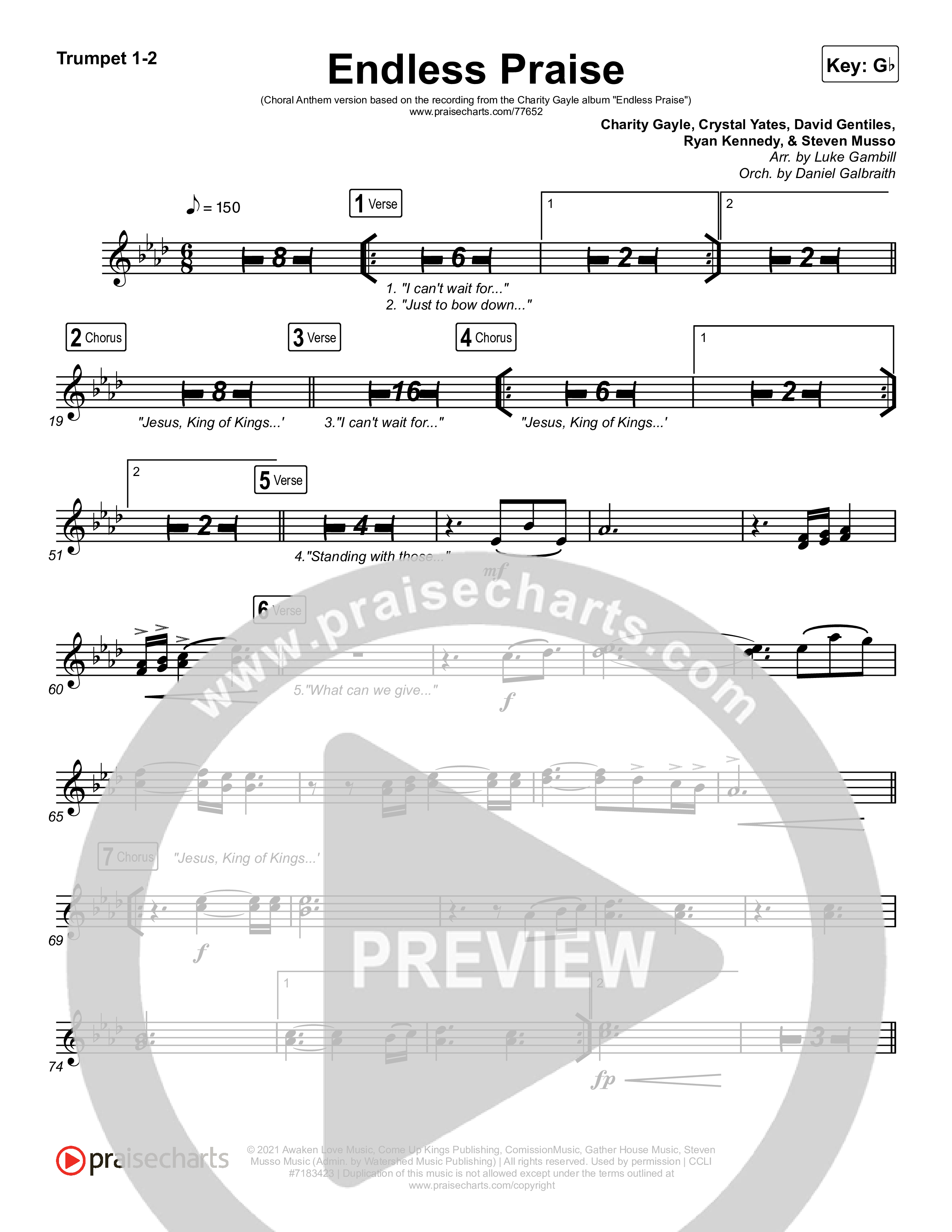 Endless Praise (Choral Anthem SATB) Trumpet 1,2 (Arr. Luke Gambill / Charity Gayle)