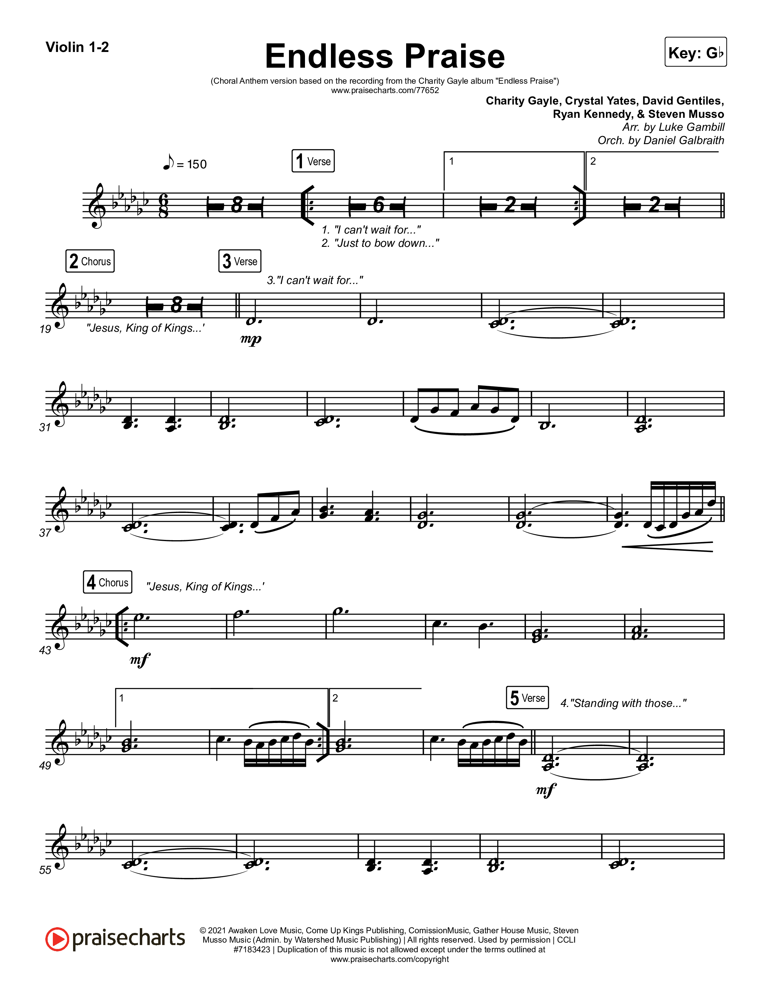 Endless Praise (Choral Anthem SATB) Violin 1,2 (Arr. Luke Gambill / Charity Gayle)